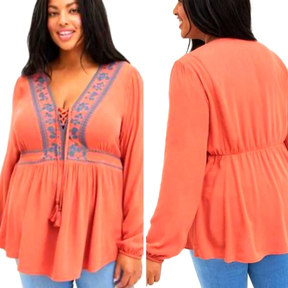 Burnt Orange Babydoll Gauze Lace Up Shirt with Embroidered, Crocheted Accents - Picture 1 of 10